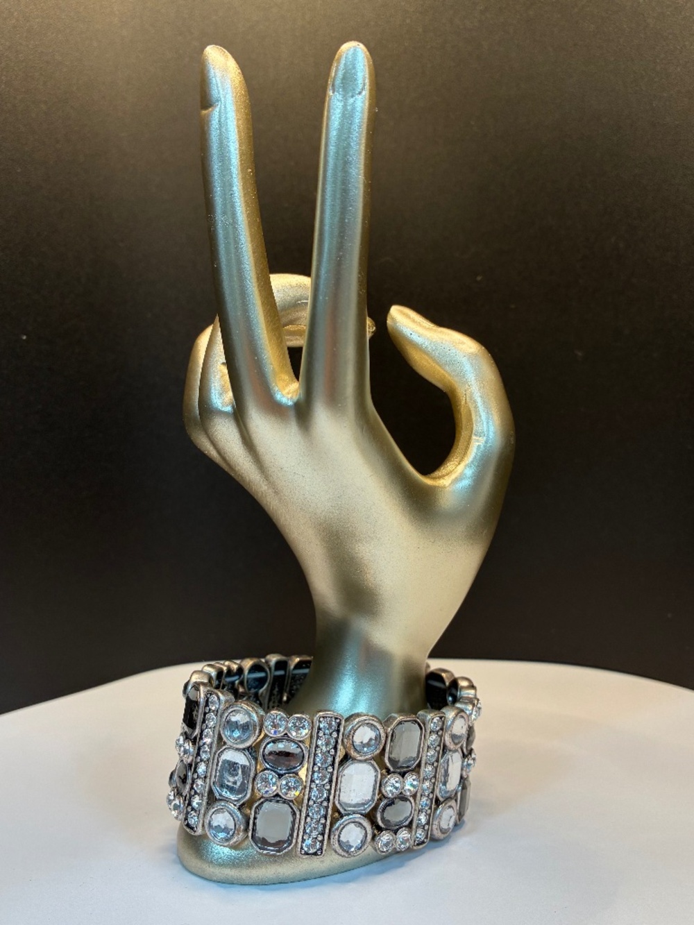 Designer Lia Sophia Silver Tone Stretch Crystal 1” Cuff Bracelet